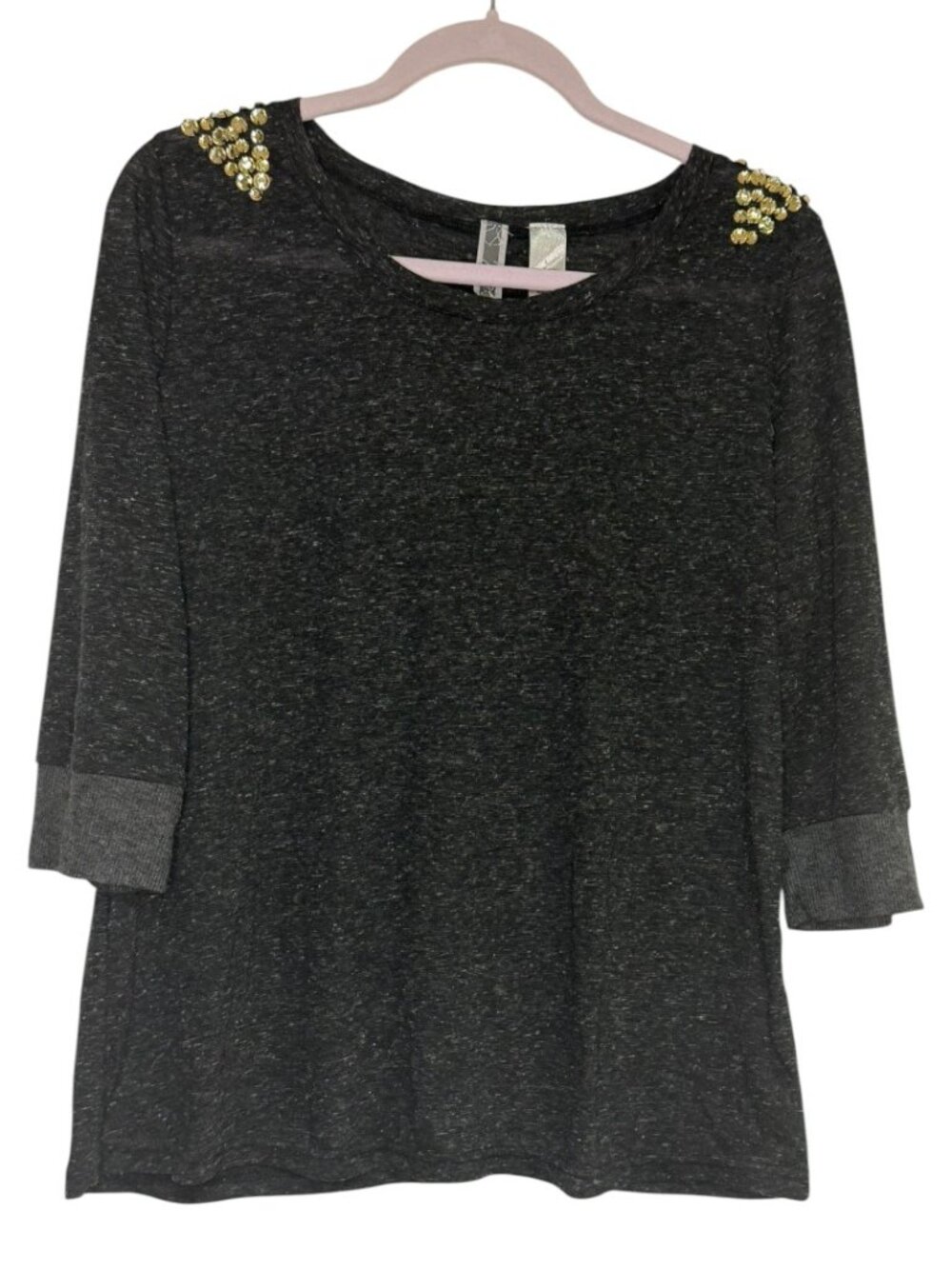 BKE Charcoal Gray ¾ Length Top with Gold Rhinestones on the Shoulder-Size L